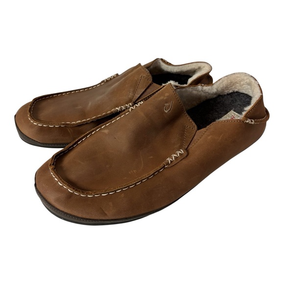 Olukai Moloa Slipper Shoes Brown Leather Sheep Fur Lined Mens Size US 12 EU 45 - Picture 1 of 8